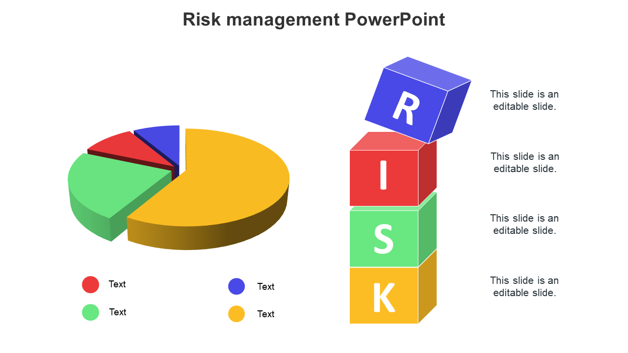 Risk management slide with a colorful pie chart and stacked RISK blocks in blue, red, green, and yellow.