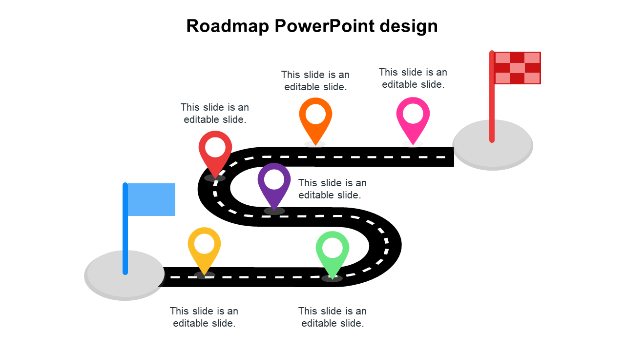 Curved black roadmap with six location pins in yellow, green, purple, red, orange, and pink, with begin and end flags.