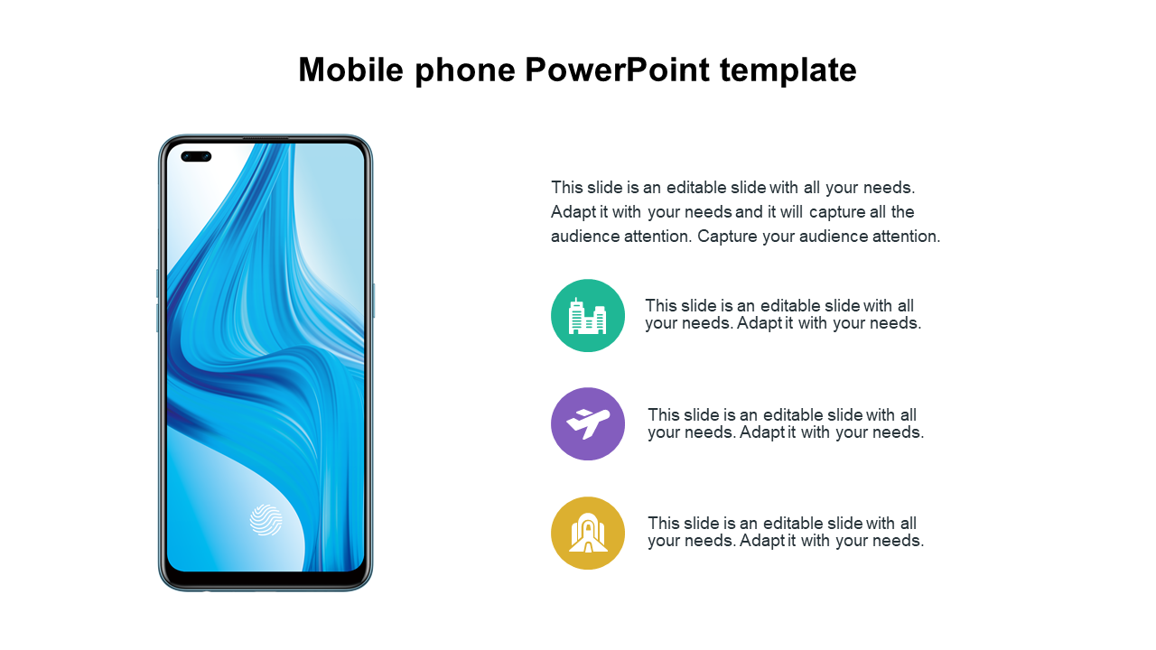 Mobile phone PowerPoint template showing a smartphone image, with sections for text and icons on a white backdrop.