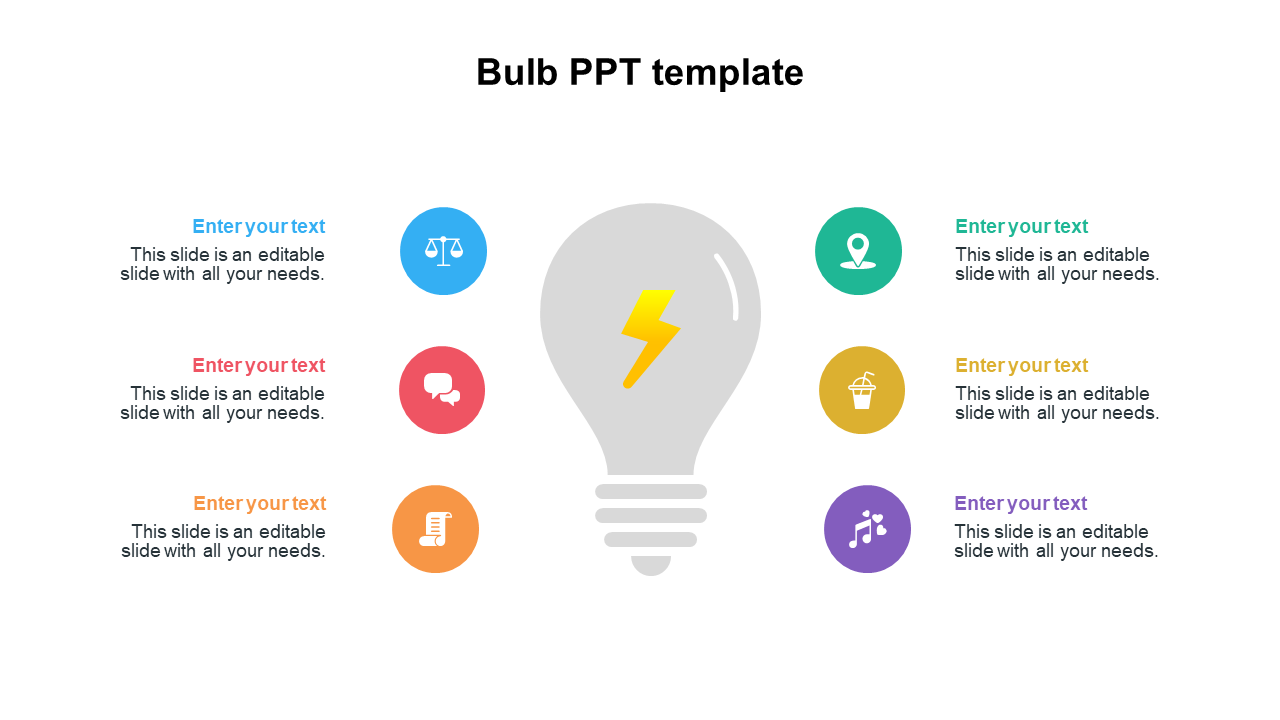 Bulb PowerPoint template with colorful icons representing concepts with placeholder text.