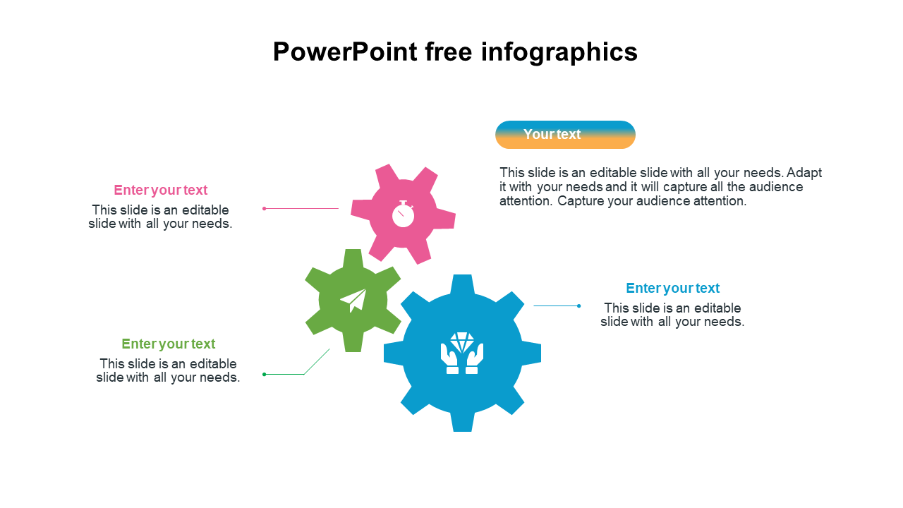 Infographic PowerPoint slide featuring colorful gears and space for text in four sections on a white backdrop.