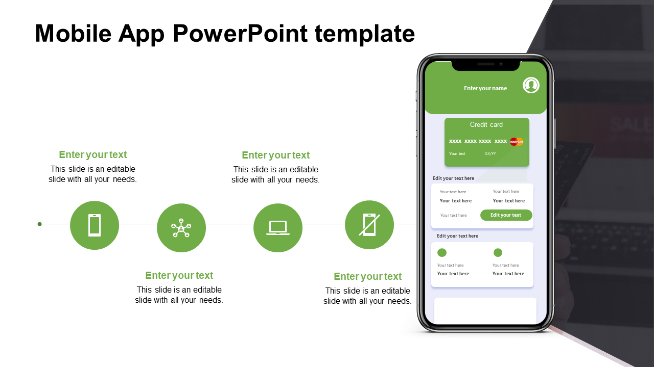 Layout shows four green circles with icons on the left and a smartphone mockup on the right displaying an app interface.