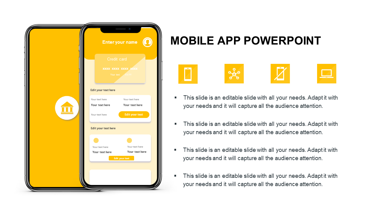 Mobile banking app slide with a yellow theme, featuring two smartphones and bullet points with four icons on the right.