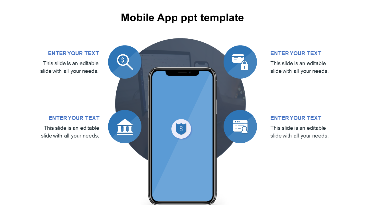 Central smartphone mockup with a blue screen surrounded by four circular icons displaying finance and security symbols.