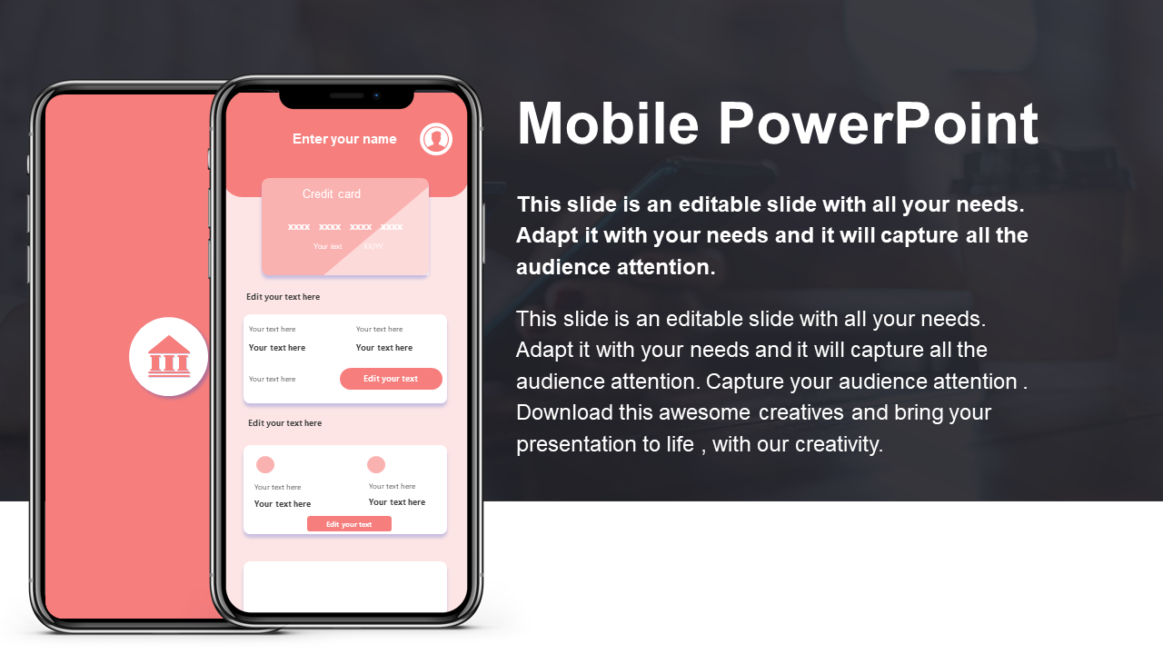 Mobile PowerPoint template with fields for credit card and personal information on a smartphone screen.