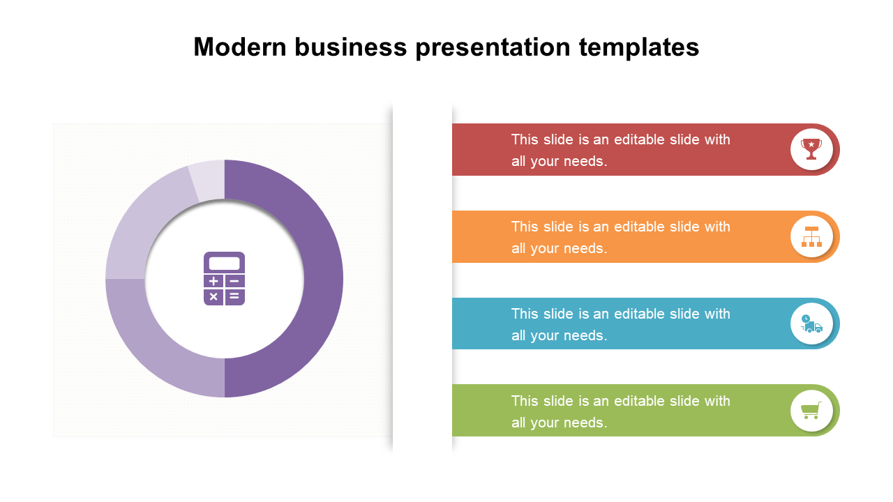 Slide with a purple donut chart on the left and four rounded rectangular labels with icons in red, orange, blue, and green.