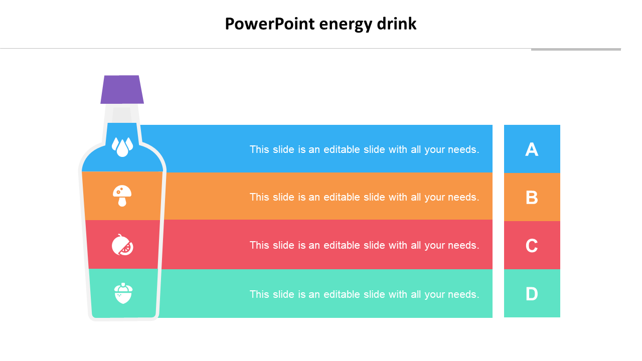 Energy drink-themed slide with a bottle graphic split into four sections in blue, orange, red, and green, labeled A to D.