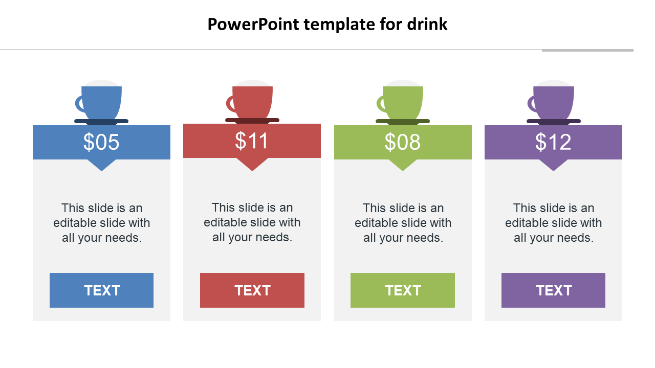 Drink pricing template with blue, red, green, and purple cup icons, each with a price tag and text box below.