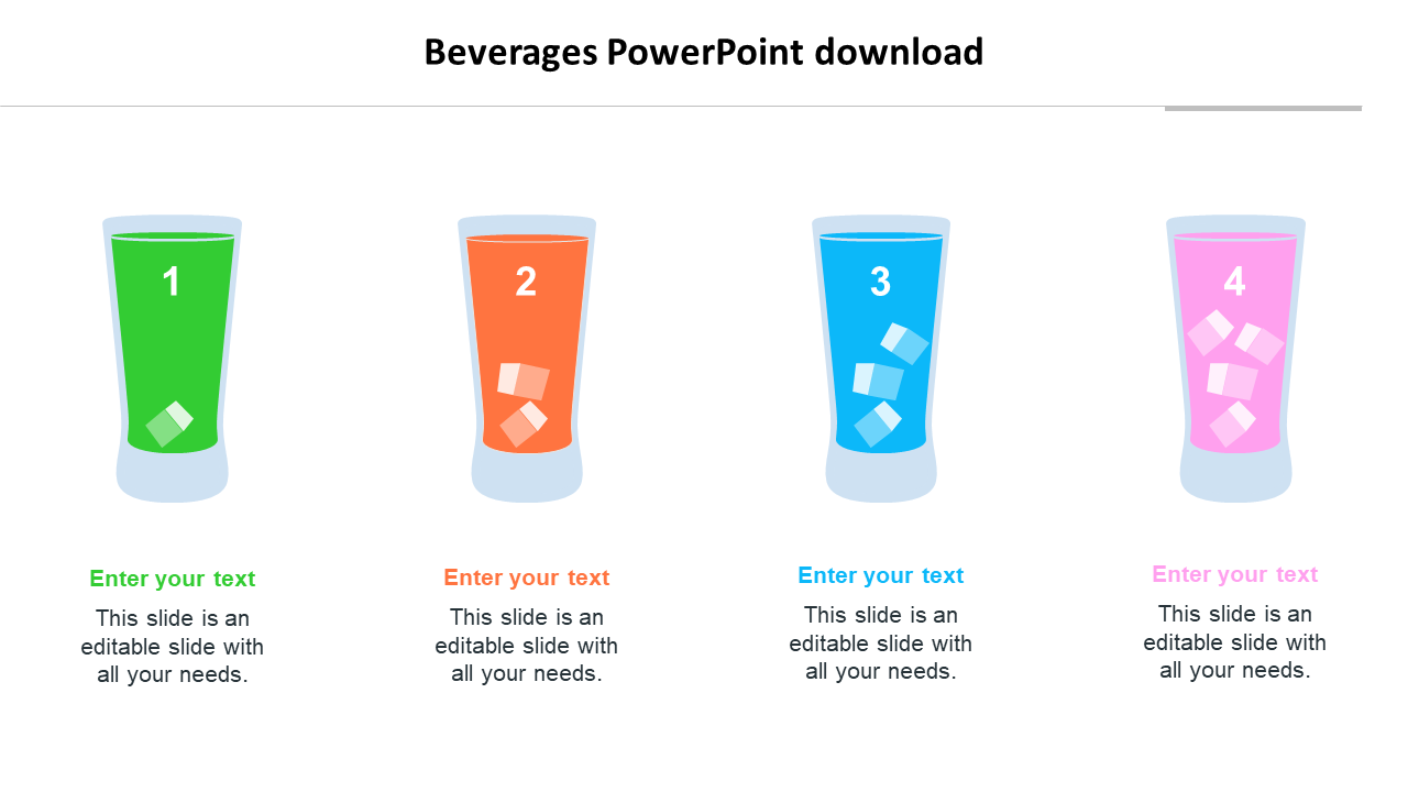 Four colored beverage glasses with numbers 1 to 4, each with ice cubes and text areas below.