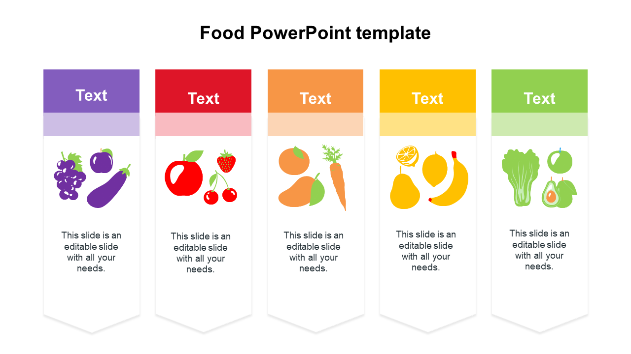 Five food-themed banners in purple, red, orange, yellow, and green, each with icons of fruits and vegetables.