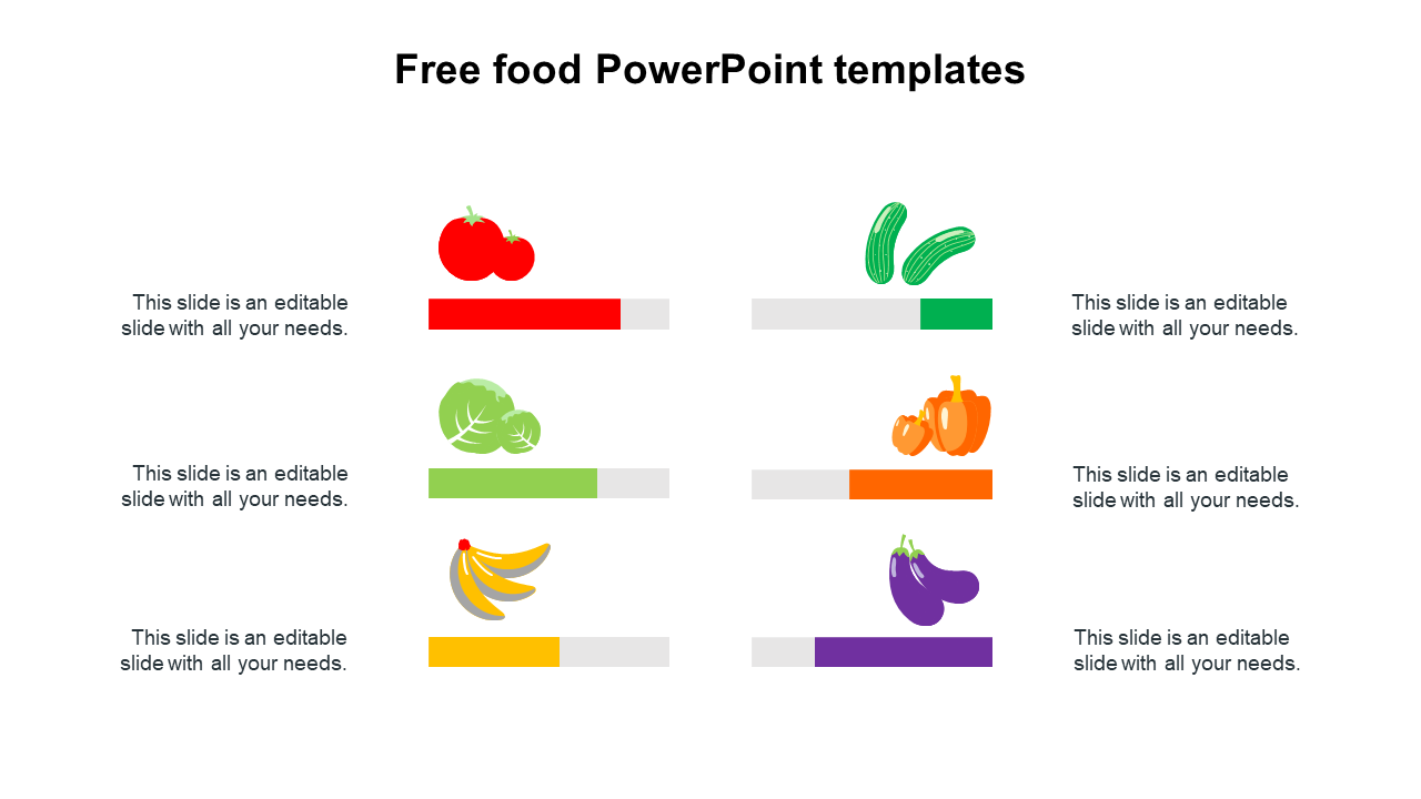  A layout featuring food icons from tomatoes to eggplants each paired with color-coded bars and caption areas.