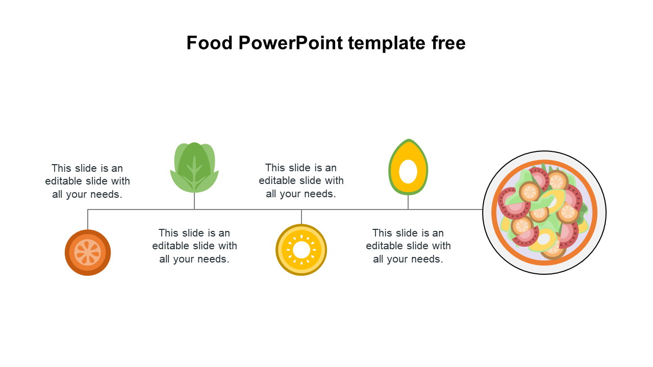 Food-themed slide with icons of tomato, lettuce, kiwi, avocado, and a bowl of salad on a horizontal line.