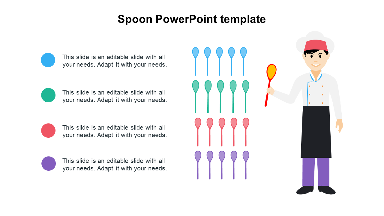 Spoon-themed template with colorful spoon icons in rows, alongside a chef character holding a spoon.