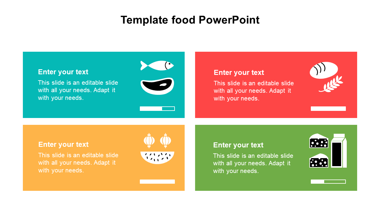 PowerPoint template featuring four colorful sections with food illustrations fish, bread, onions, and cake with text.