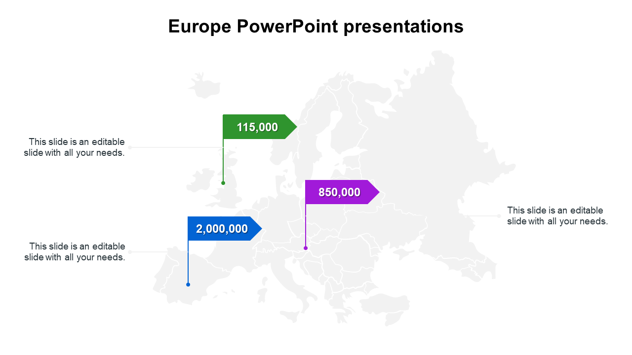 Europe map slide with statistical markers for different regions, showcasing population numbers in thousands with text area.