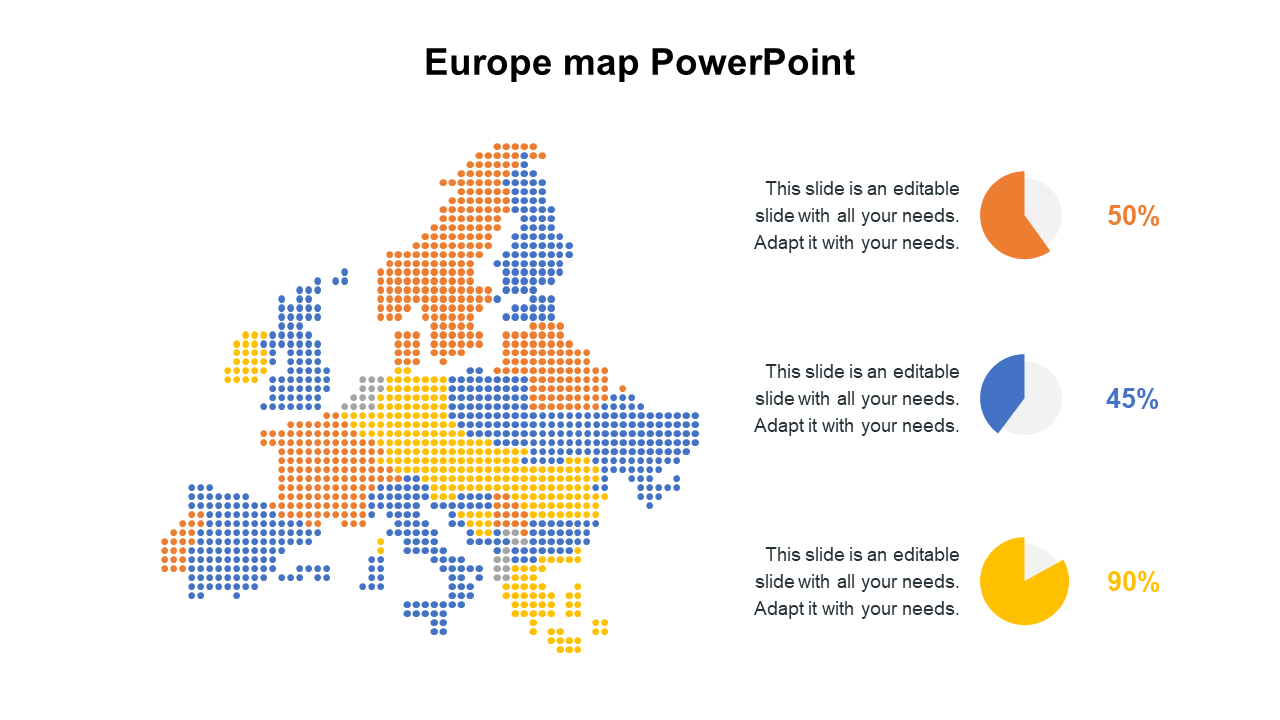 Europe map slide with a pixelated design, featuring color coded regions and pie charts displaying different percentages.