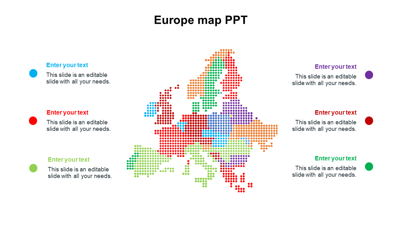 Pixelated map of Europe with colorful dots surrounded by six text areas in matching colors on a white background.