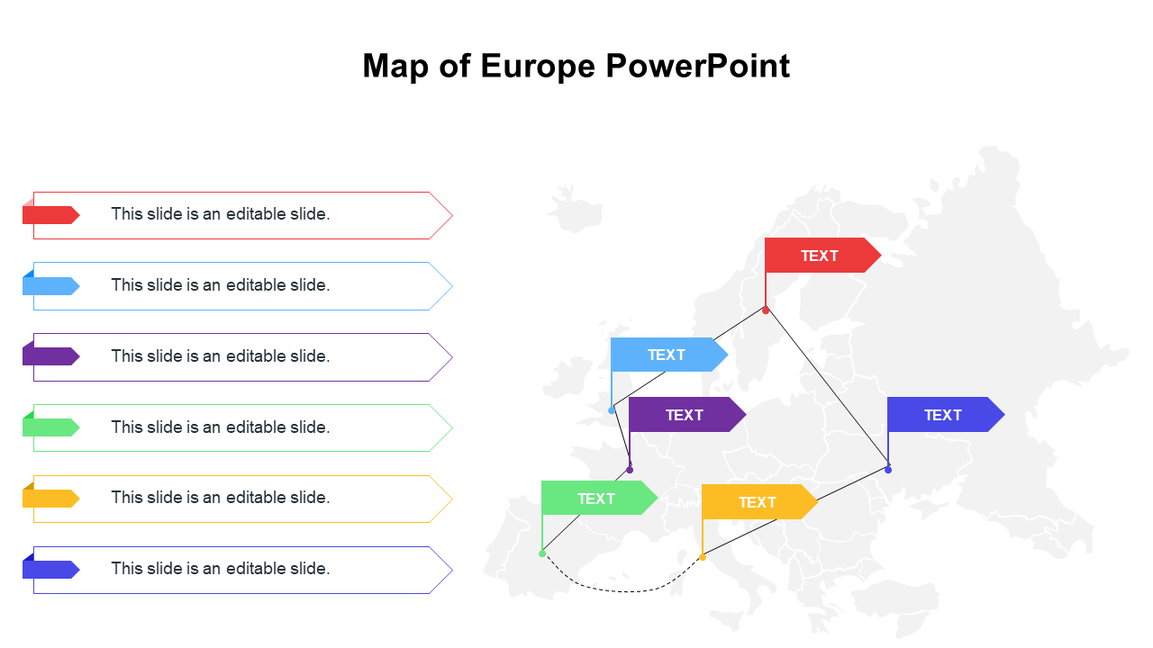 Europe map with colorful directional arrows labeled for text placement, connecting various points across the layout.