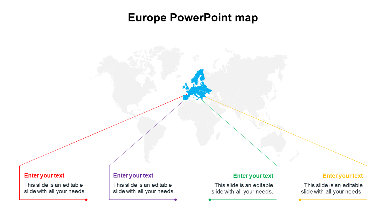 A highlighted map of Europe on a world map with four colored lines leading to placeholders text.