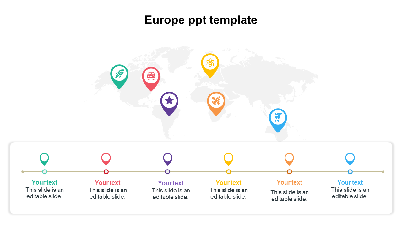 Europe slide showing a world map with six pin markers in different colors connected to a timeline below.