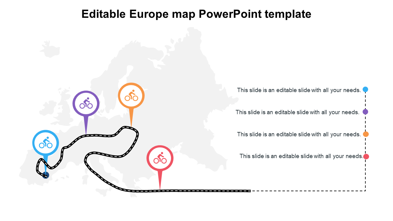 Gray Europe map with a black dotted path and four colorful location markers for bikes in blue, purple, orange, and red.