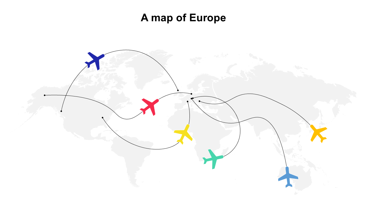 Grey world map featuring colorful airplanes with curved flight lines indicating routes across continents.