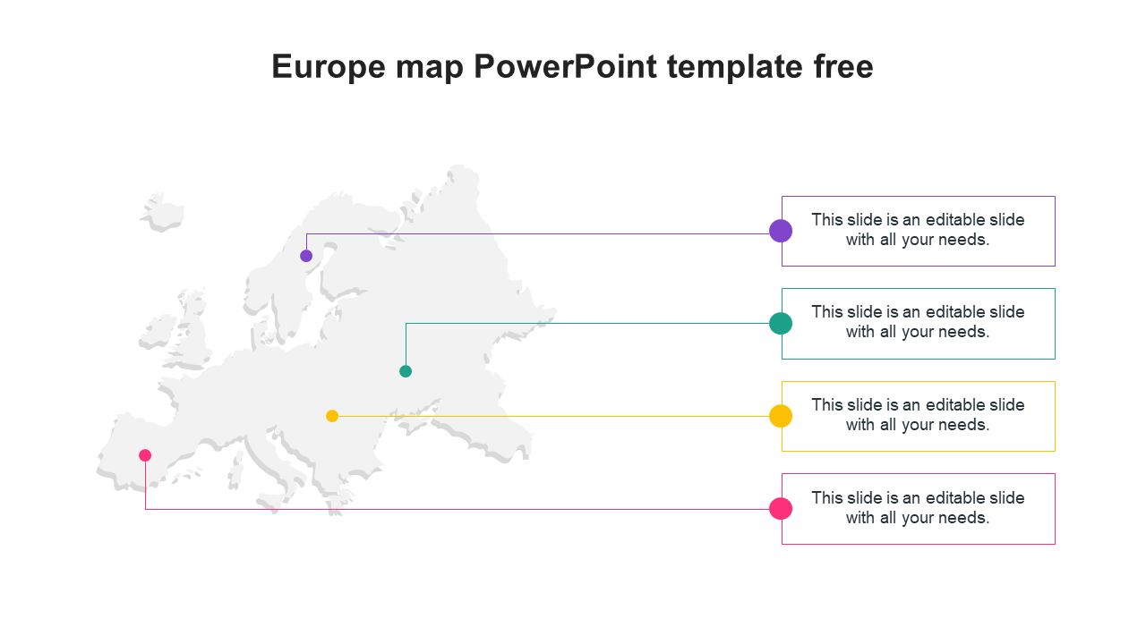 Europe map infographic with location markers in red, yellow, green, and purple, linked to text placeholders.