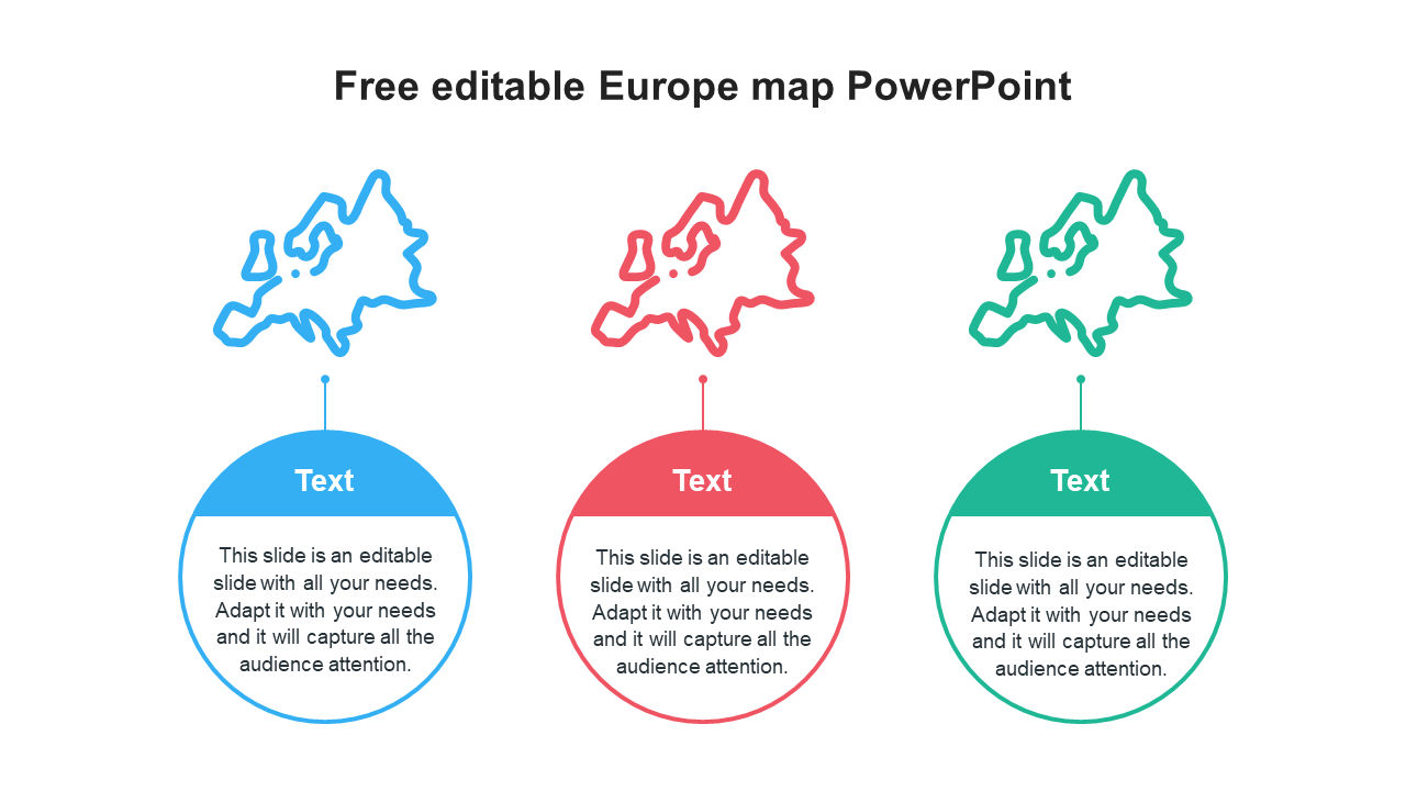 Three outlined Europe maps in blue, red, and green, each above circular text boxes of matching colors on a white background.