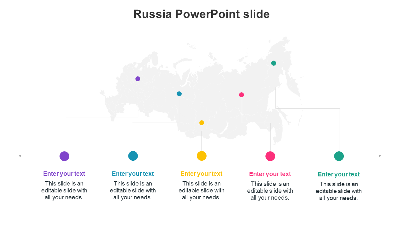 Russia map with five colored dots linked to labeled sections below for text in purple, blue, yellow, pink, and green.