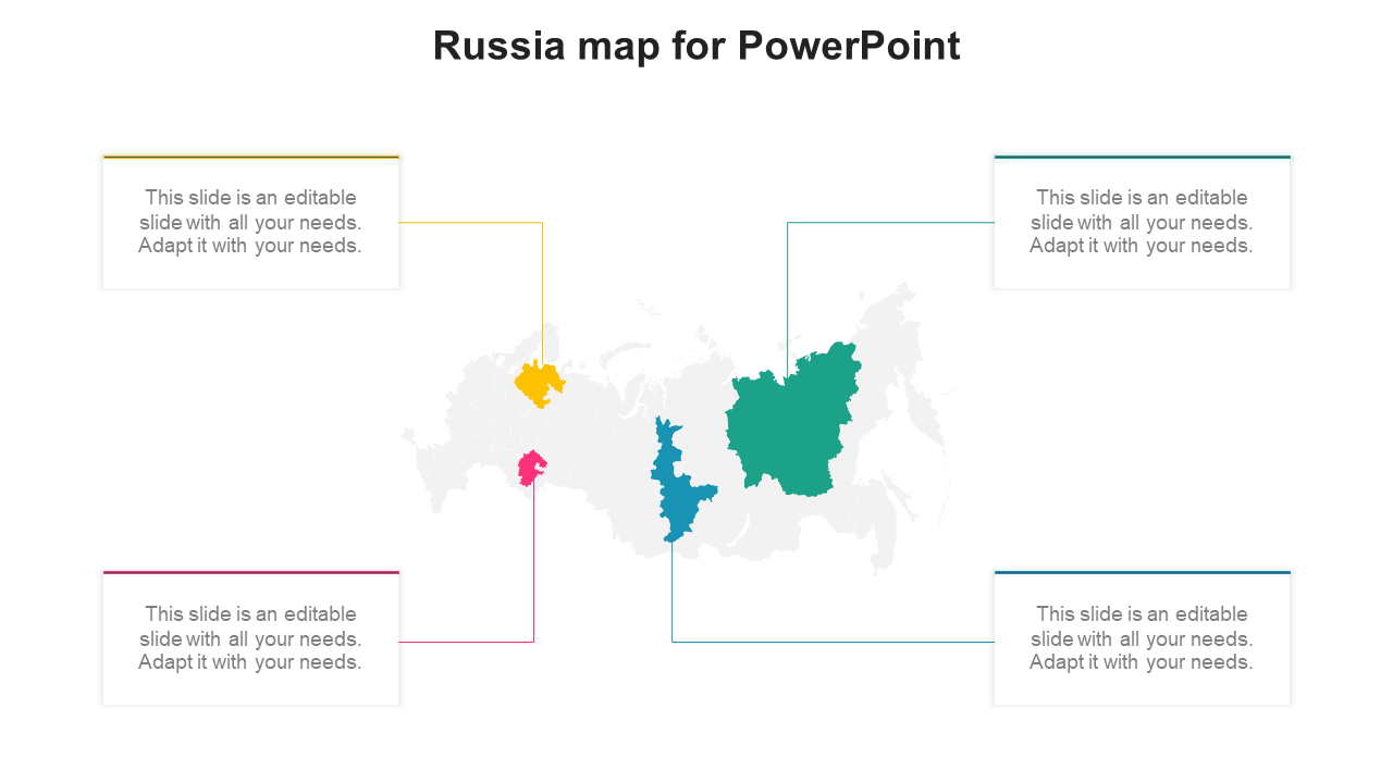 Russia map showcasing four colored regions in yellow, teal, blue, and pink,with corresponding text boxes linked by lines.