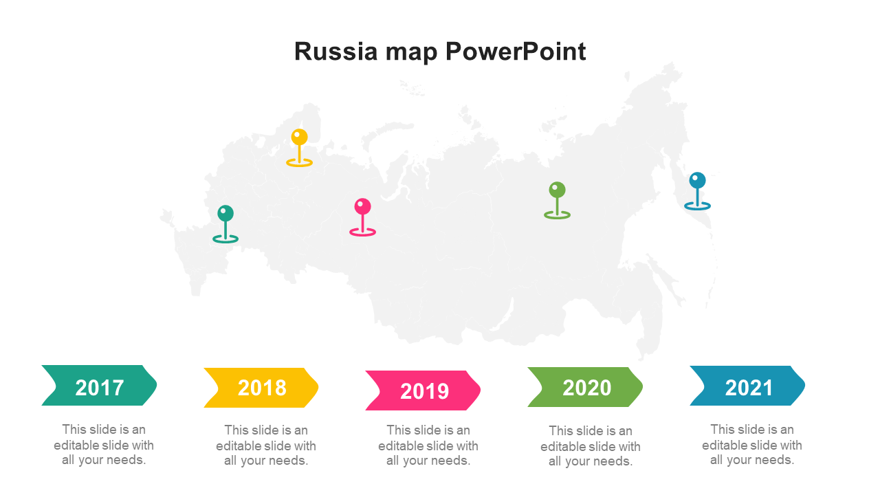 Russia Map PowerPoint slide with pins showing data for the years 2017 to 2021 with placeholder text.