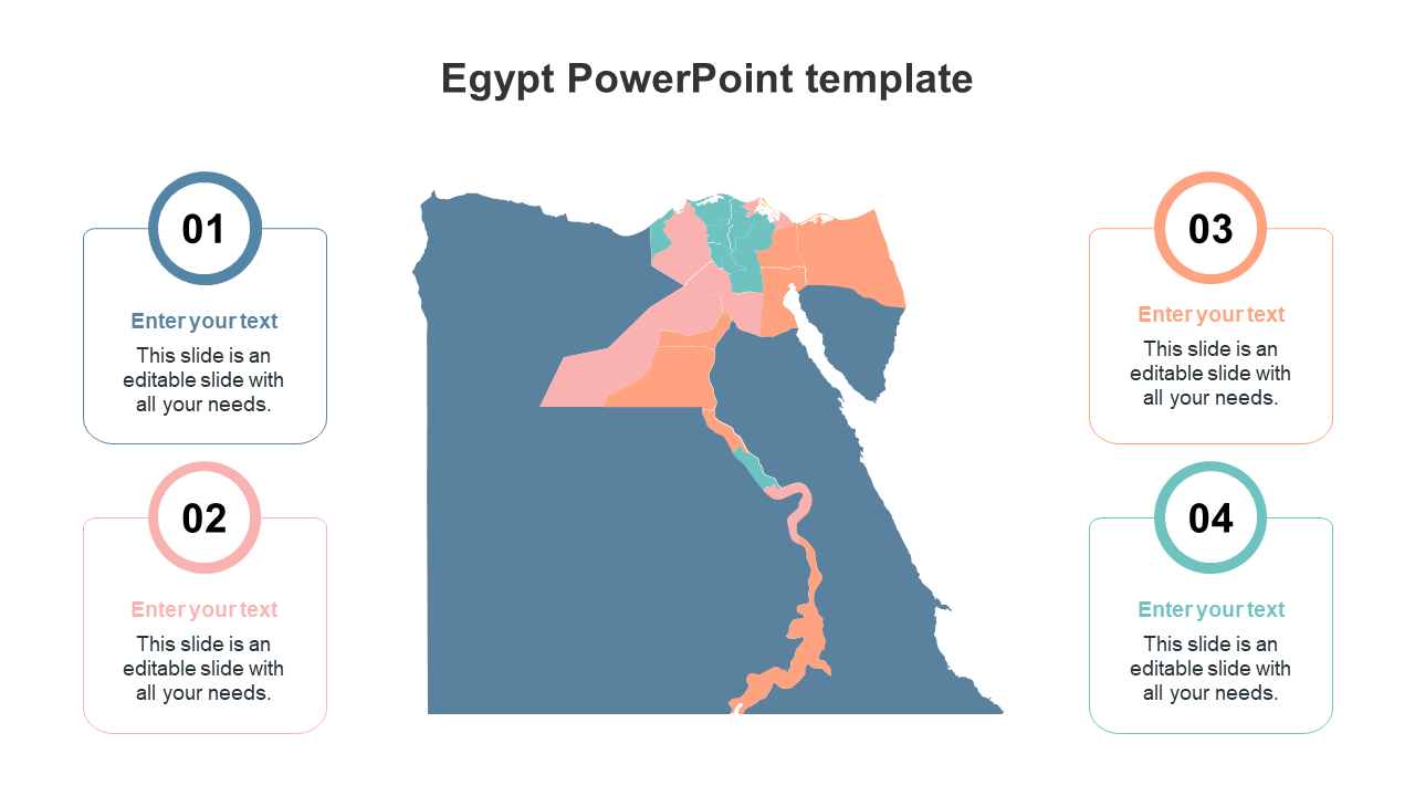 Egypt map template with sections, showcasing key regions in various colors and four numbered text boxes.