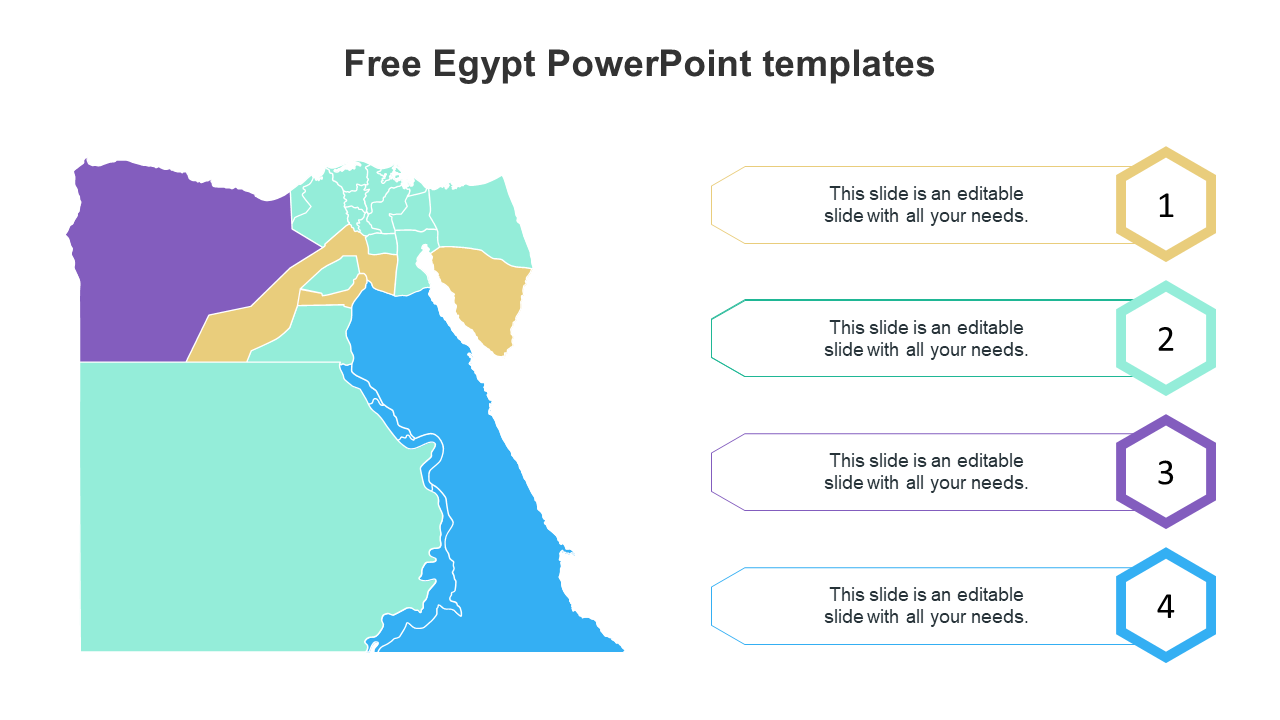 Egypt map PowerPoint template with four sections highlighted with placeholder text.