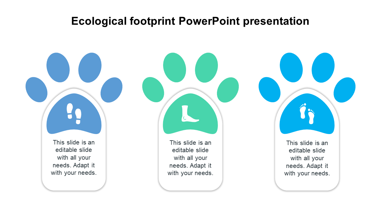 Ecological footprint slide with three paw shaped icons, each with a different footprint symbol and text.