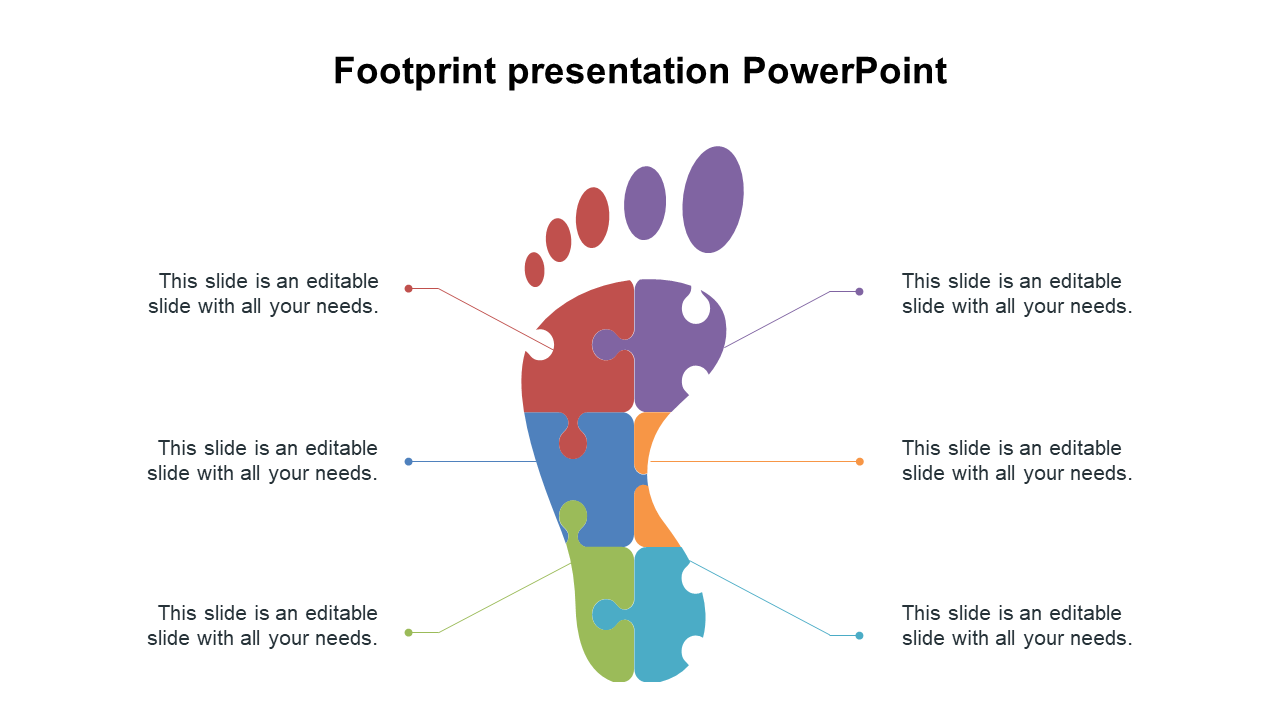 Slide with a multicolored footprint made of six puzzle pieces, each labeled with text areas by lines.