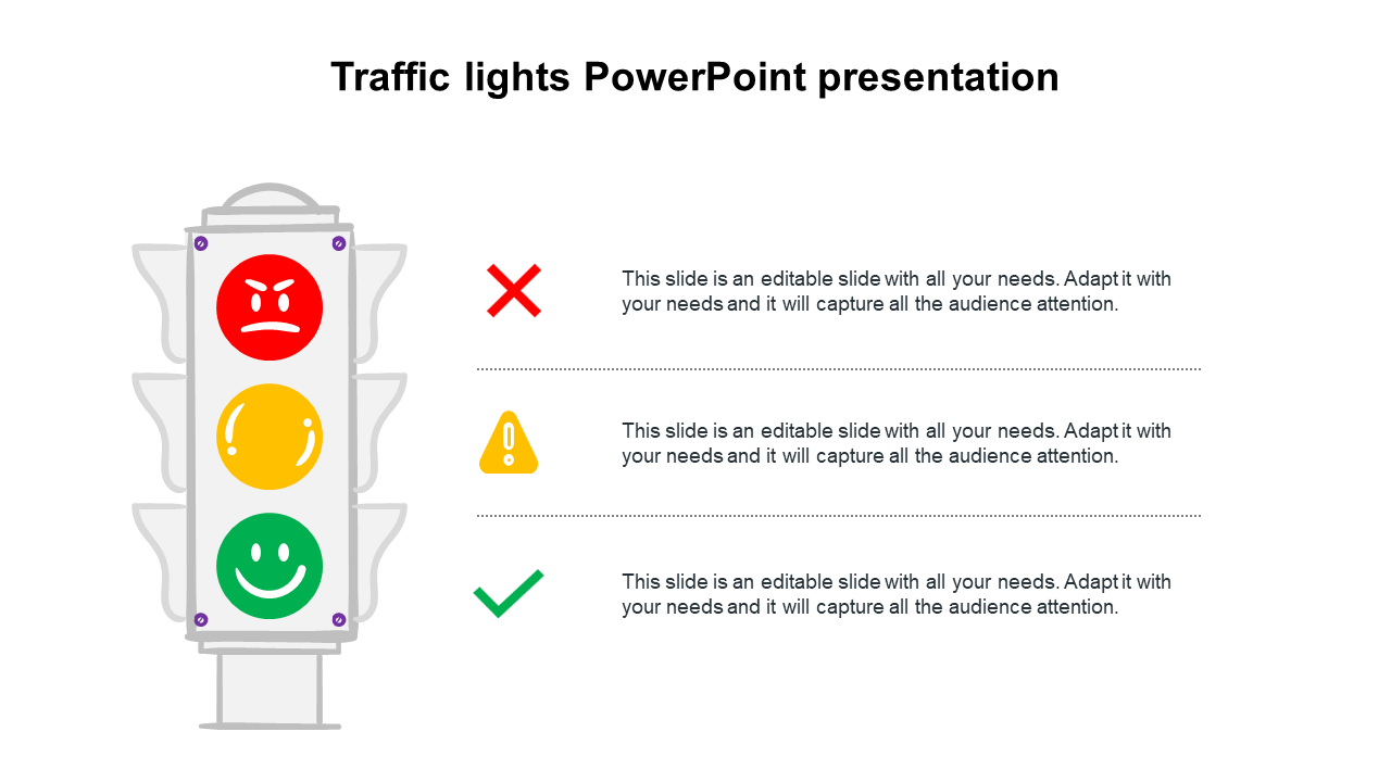 Slide with a traffic light graphic and matching colored signals linked to red cross, yellow warning, and green check icons.