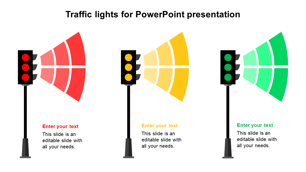 Three traffic light graphics with red, yellow, and green signals, each projecting color-matched beams, with caption areas.