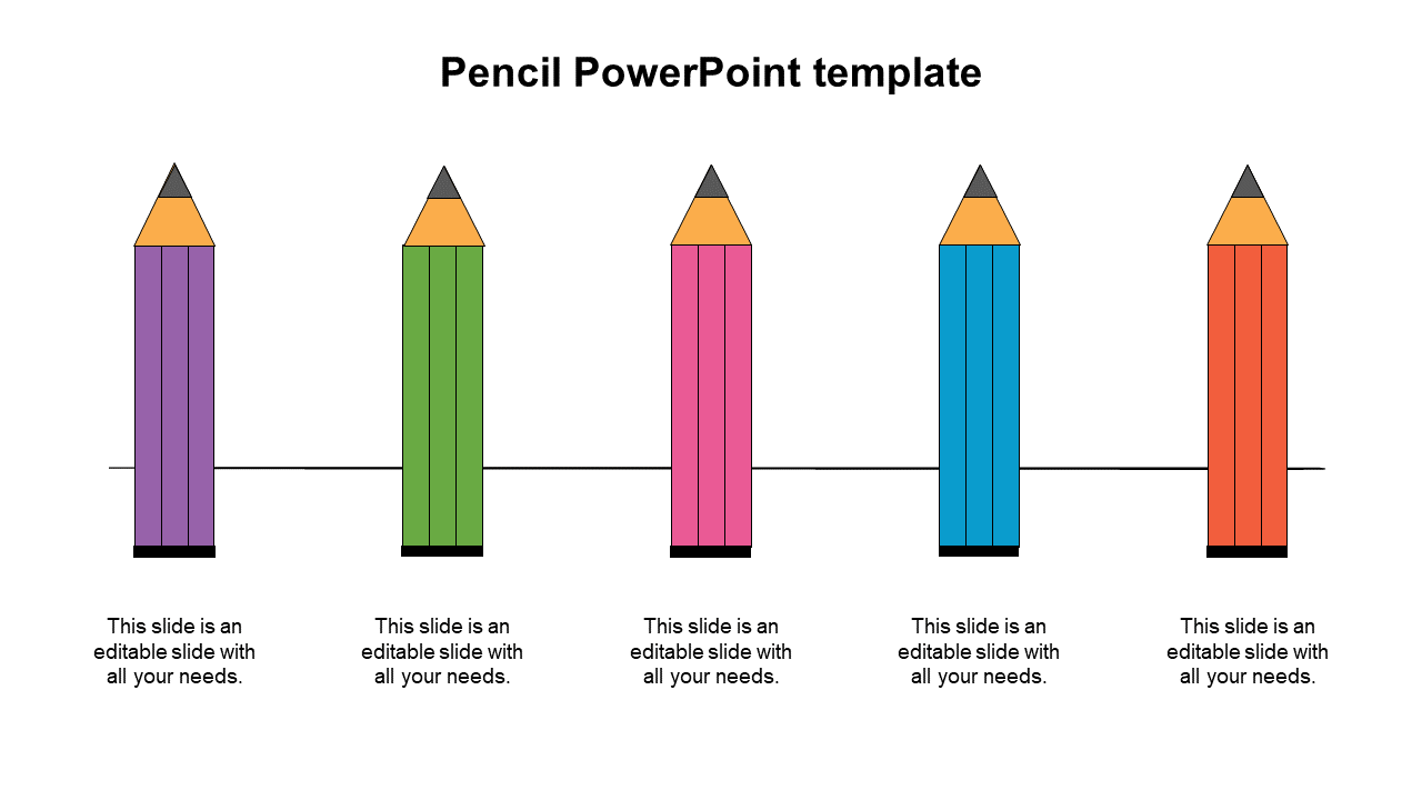 Template with five vertical colored pencils in purple, green, pink, blue, and red, aligned along a horizontal line.