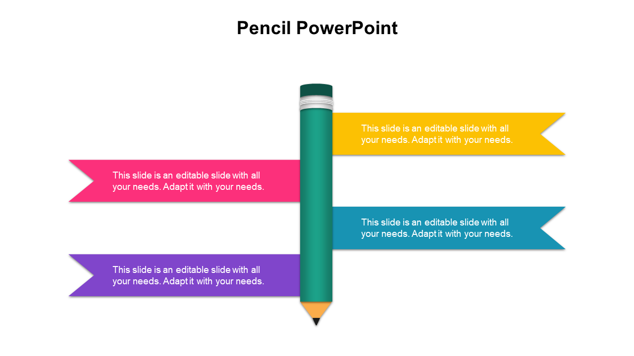 Vertical green pencil in the center with four ribbon shaped banners in pink, yellow, blue, and purple extending outward.