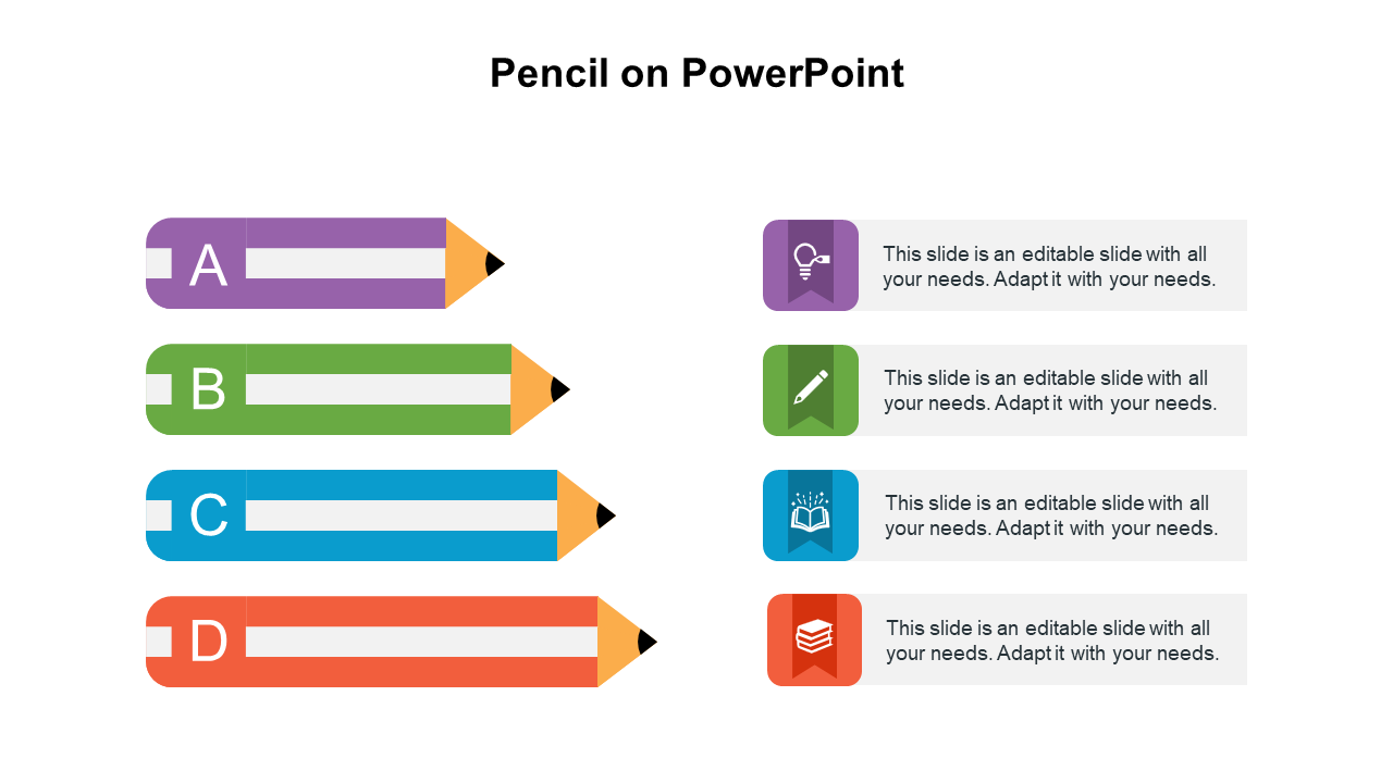 PowerPoint slide featuring four colorful pencils, each labeled with a different letter and corresponding icons and text.