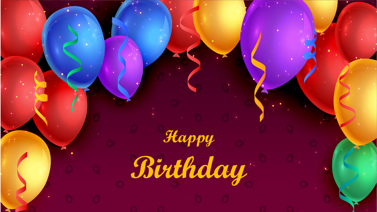 Happy birthday slide with colorful balloons and confetti on a deep red background.