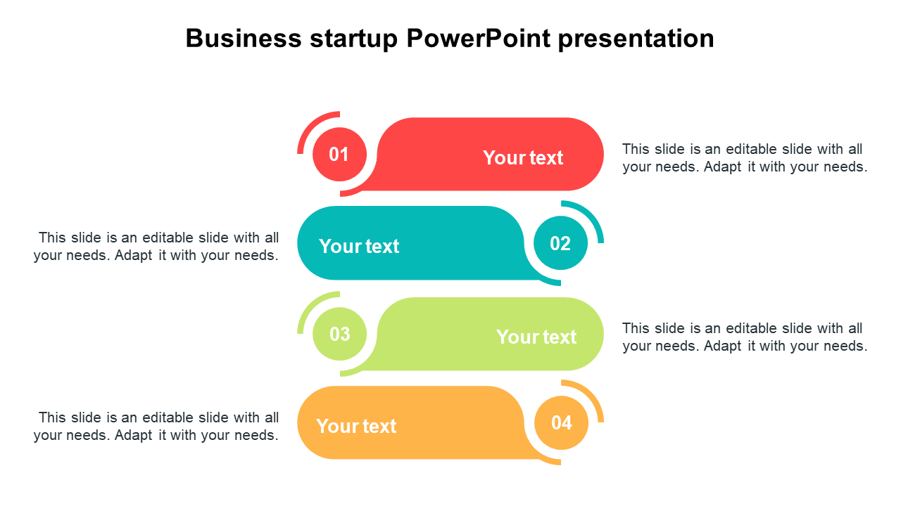 Business startup slide with four numbered, colorful text boxes in red, teal, green, and yellow, arranged vertically.