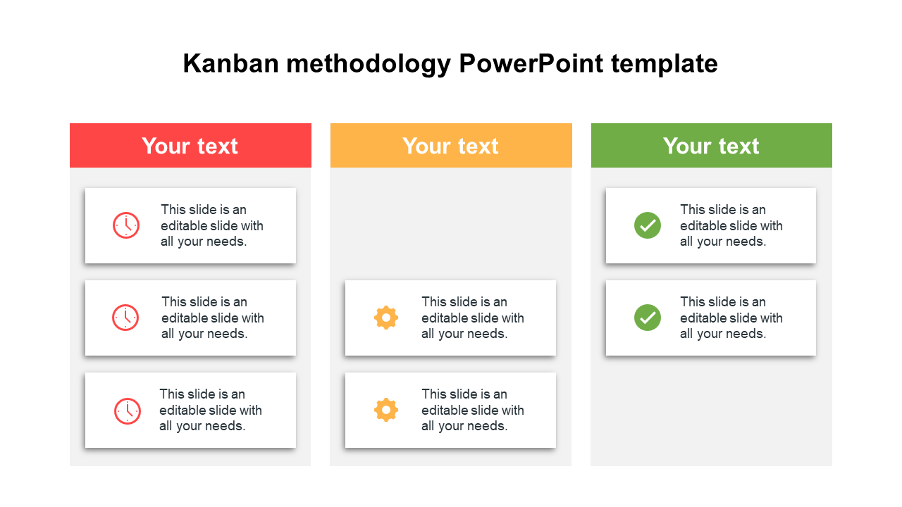 Slide features a tri-column layout with headers in red, orange, and green, each containing icons and text areas.