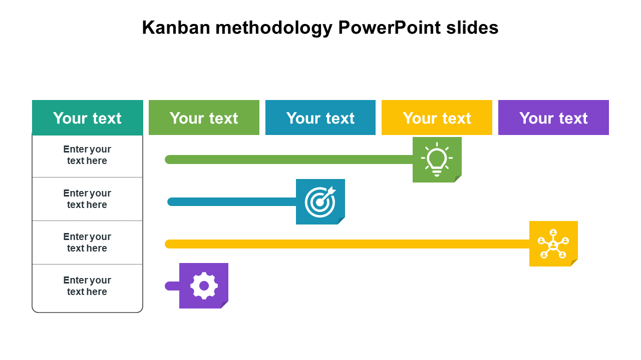 Kanban methodology slide with horizontal bars in teal, green, blue, yellow, and purple, featuring colored bars.