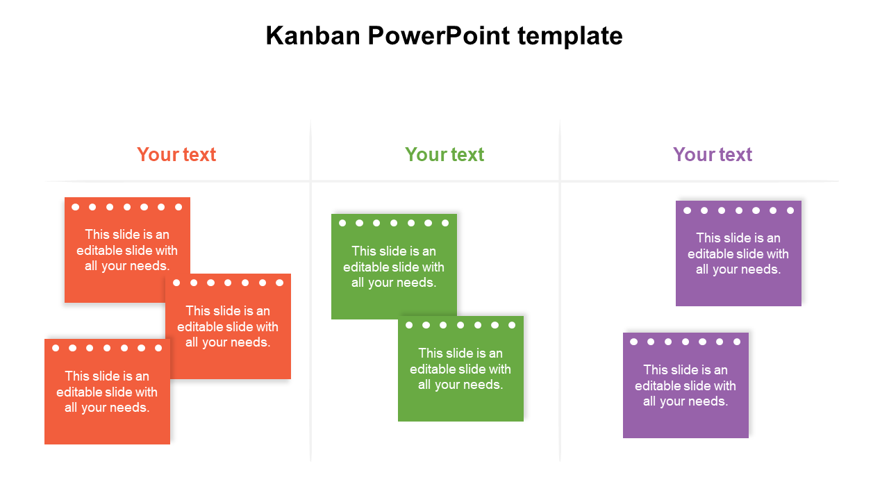 Kanban board layout with three columns, featuring orange, green, and purple sticky notes, representing tasks in progress.