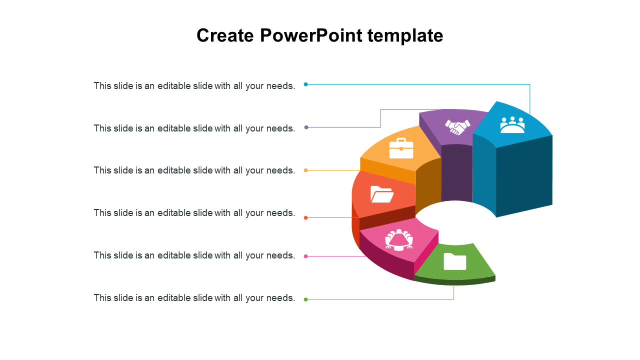 PPT slide showcasing a circular chart with five sections, each with an icon and color coded label with placeholder text.