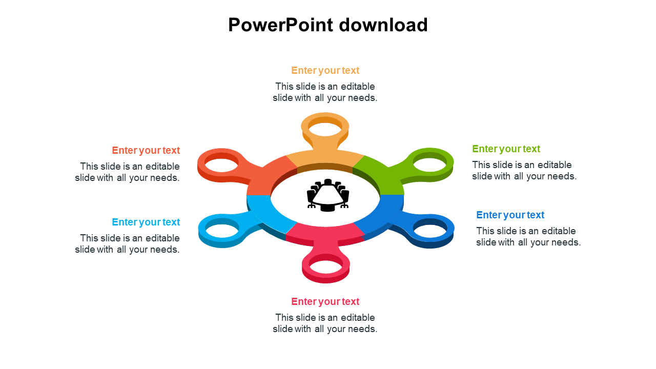 PowerPoint slide featuring a central shape with six connected sections, each with space for text on a white backdrop.