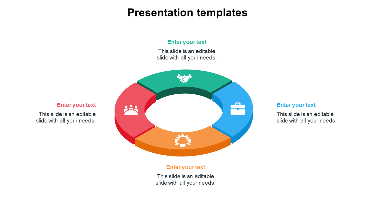 PowerPoint template showing a circular chart with four color coded segments, each with an icon and text placeholder.