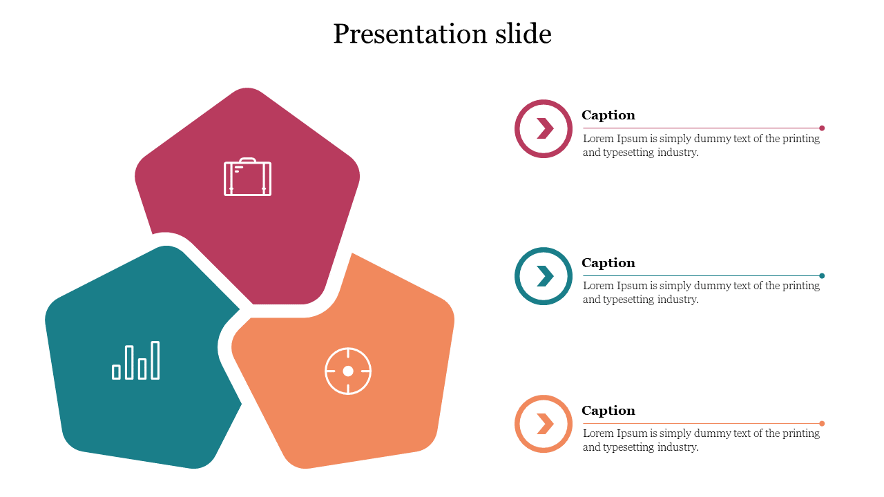 PowerPoint slide with three interconnected shapes, each containing an icon and a corresponding text for captions.