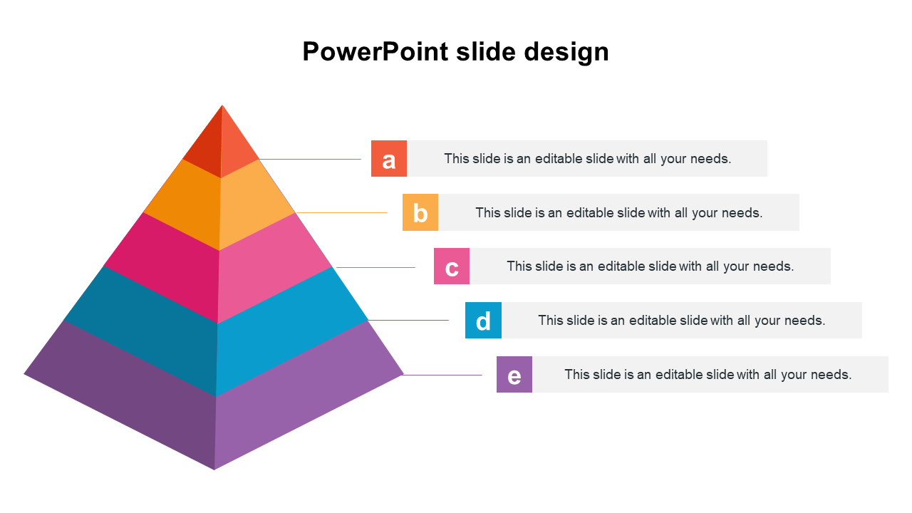 3D pyramid in shades of purple, blue, pink, yellow, and orange, each labeled A to E, connected to text boxes on the right.